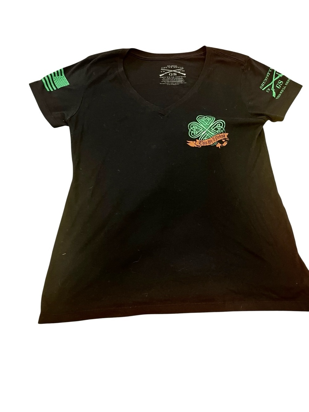 Grunt Style Black Tee Irish This We Will Defend American Flag Patriotic